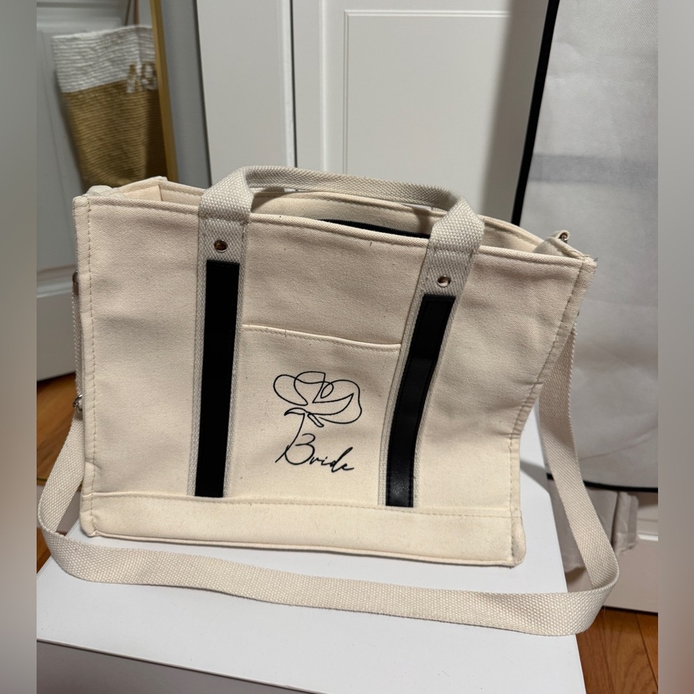 Beige and Black Canvas Tote Bag